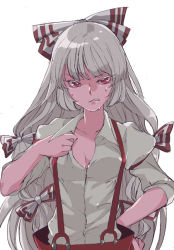Rule 34 | 1girl, arm garter, breasts, cleavage, clenched teeth, colored eyelashes, endou (hot handle), female focus, fujiwara no mokou, hair ribbon, hand on own hip, hime cut, long hair, long sleeves, looking at viewer, puffy long sleeves, puffy sleeves, red eyes, ribbon, sleeves rolled up, solo, suspenders, sweat, sweatdrop, teeth, touhou, tress ribbon, very long hair, white background, white hair