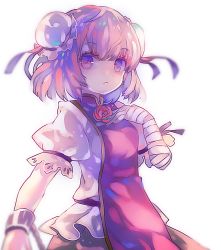 Rule 34 | 1girl, bandaged arm, bandages, bow, bun cover, cha goma, chain, cuffs, double bun, artistic error, flower, hair bun, highres, ibaraki kasen, looking at viewer, open mouth, pink eyes, pink hair, puffy sleeves, rose, shirt, short hair, short sleeves, simple background, skirt, solo, tabard, touhou, white background