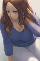 Rule 34 | 1girl, alternate costume, arm support, blue eyes, blue sweater, breasts, brown hair, casual, cleavage, collarbone, fate/grand order, fate (series), hand on own shoulder, highres, large breasts, leaning forward, leonardo da vinci (fate), long hair, looking at viewer, pants, parted lips, ranma (kamenrideroz), sitting, smile, solo, sweater, white pants