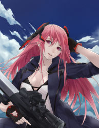 Rule 34 | 1girl, absurdres, anti-materiel rifle, barrett m82, black gloves, blue jacket, blue sky, breasts, cloud, collarbone, fingerless gloves, from behind, girls&#039; frontline, gloves, gun, hand in own hair, highres, holding, holding weapon, jacket, long hair, looking at viewer, m82a1 (girls&#039; frontline), medium breasts, ne.corn, open clothes, open jacket, open mouth, pink eyes, pink hair, rifle, sky, sniper rifle, solo, weapon