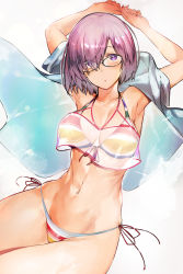Rule 34 | 1girl, absurdres, armpits, arms up, bare shoulders, bikini, blush, breasts, cleavage, collarbone, crop top, crop top overhang, fate/grand order, fate (series), glasses, hair over one eye, halterneck, highres, large breasts, light purple hair, looking at viewer, mash kyrielight, mash kyrielight (swimsuit of perpetual summer ver.02), navel, nishiide kengorou, official alternate costume, open clothes, open mouth, purple eyes, rainbow bikini, see-through, short hair, short sleeves, side-tie bikini bottom, simple background, solo, string bikini, swimsuit, thighs, white background