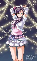Rule 34 | 10s, 1girl, alternate hair length, alternate hairstyle, arms up, braid, breasts, cropped jacket, detached sleeves, french braid, green eyes, hair over shoulder, happy birthday, hat, highres, large breasts, lips, long hair, love live!, love live! school idol project, mini hat, mini top hat, pas (paxiti), purple hair, skirt, skirt set, snow halation, solo, top hat, tojo nozomi, twintails