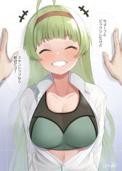 Rule 34 | 1girl, ^ ^, ahoge, binsen, blunt bangs, blush, breasts, cleavage, clenched teeth, closed eyes, commentary request, green hair, hairband, highres, idolmaster, idolmaster million live!, kabedon, large breasts, long hair, long sleeves, navel, red hairband, shimabara elena, shirt, signature, solo focus, speech bubble, sports bra, teeth, translation request, white shirt