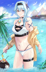 Rule 34 | 1girl, alternate costume, armpits, bare shoulders, baron bunny (genshin impact), beer can, bikini, blue hair, breasts, brown eyes, can, closed mouth, commentary, cowboy shot, day, drink can, eula (genshin impact), genshin impact, hair ornament, hairband, highres, holding, holding removed eyewear, jacket, looking at viewer, medium breasts, navel, ocean, off shoulder, outdoors, reep, solo, sunglasses, swimsuit, thigh strap, unworn eyewear, wading, wet, white bikini, yellow jacket