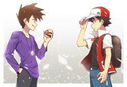 Rule 34 | 2boys, backpack, bag, baseball cap, belt, black shirt, blue oak, brown bag, brown eyes, brown hair, commentary request, creatures (company), eye contact, game freak, hand in pocket, hand on headwear, hat, holding, holding poke ball, jacket, jewelry, looking at another, male focus, mikanbako (aitatadon3), multiple boys, necklace, nintendo, pants, poke ball, poke ball (basic), pokemon, pokemon rgby, popped collar, purple shirt, red (pokemon), shirt, short hair, short sleeves, smile, spiked hair