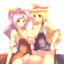 Rule 34 | 2girls, bow, breast press, breast slip, breasts, female focus, female pubic hair, frottage, hat, incest, large breasts, long hair, multiple girls, nipples, no panties, one breast out, ponytail, pubic hair, purple hair, ribbon, siblings, sisters, touhou, tro (trombe), watatsuki no toyohime, watatsuki no yorihime, yuri