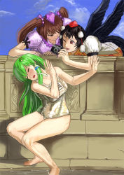 Rule 34 | 3girls, amibazh, bare shoulders, barefoot, black hair, black ribbon, black skirt, black wings, blue sky, breasts, brown eyes, brown hair, camera, closed eyes, cloud, cloudy sky, collared shirt, commentary, day, dress shirt, feathered wings, fine art parody, frog hair ornament, green hair, hair ornament, hair tubes, hands up, hat, himekaidou hatate, holding, holding camera, kneeling, kochiya sanae, large breasts, leaning forward, long hair, medium breasts, multiple girls, name tag, one-piece swimsuit, one eye closed, open mouth, outdoors, parody, partially submerged, pom pom (clothes), puffy short sleeves, puffy sleeves, purple hat, purple shirt, red eyes, ribbon, school swimsuit, scrunchie, shameimaru aya, shirt, short hair, short sleeves, sidelocks, skirt, sky, snake hair ornament, susanna and the elders, swimsuit, tokin hat, touhou, twintails, wading, water, white one-piece swimsuit, white school swimsuit, wing collar, wings