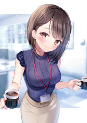 Rule 34 | 1girl, blue shirt, blurry, blurry background, blush, breasts, brown eyes, brown hair, checkered floor, coffee, cup, female focus, giving, highres, holding, holding cup, id card, incoming drink, lanyard, large breasts, looking at viewer, medium hair, office, office lady, original, shirt, skirt, sleeveless, sleeveless shirt, smile, solo, swept bangs, white skirt, yugirlpict