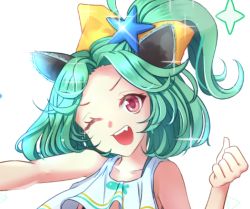 Rule 34 | 1girl, blush, bow, close-up, eyebrows, green hair, hair bow, looking at viewer, one eye closed, original, red eyes, saltycaramel, short hair, short ponytail, smile, solo, teeth, upper body, yellow bow