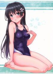 Rule 34 | 1girl, bare arms, bare legs, bare shoulders, barefoot, black hair, blue eyes, blush, breasts, closed mouth, feet, fingernails, flower, hair flower, hair ornament, hand on own chest, hand up, isshi pyuma, legs, long hair, looking at viewer, medium breasts, one-piece swimsuit, saten ruiko, shiny clothes, shiny skin, sitting, solo, swimsuit, thighs, toaru kagaku no railgun, toaru majutsu no index, toes