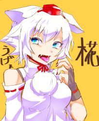 Rule 34 | 1girl, animal ears, arm up, bare shoulders, blue eyes, bridal gauntlets, chamaruk, detached sleeves, fangs, female focus, fingernails, hat, inubashiri momiji, looking away, nail polish, open mouth, red nails, short hair, simple background, slit pupils, solo, tail, tokin hat, tongue, touhou, white hair, wolf ears, wolf tail, yellow background