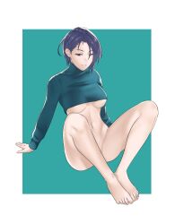 Rule 34 | 1girl, asymmetrical hair, blue hair, border, bottomless, breasts, commentary, cropped sweater, english commentary, fire emblem, fire emblem: three houses, green background, green sweater, groin, hair between eyes, highres, large breasts, long sleeves, looking at viewer, navel, nintendo, outside border, parted lips, pomelomelon, purple eyes, shamir nevrand, short hair, smile, solo, sweater, toes, underboob, white border