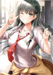 Rule 34 | 1girl, aqua hair, blurry, blurry background, breasts, cleavage, clothes around waist, collarbone, collared shirt, earrings, green eyes, green nails, grin, hair ornament, hairclip, highres, jacket, jacket around waist, jewelry, kantai collection, large breasts, long hair, looking at viewer, loose necktie, nail polish, necklace, necktie, one eye closed, open collar, red necktie, shirt, sidelocks, smile, solo, suien, suzuya (kancolle), v, white shirt