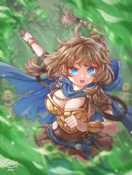 Rule 34 | 1boy, 1girl, ahoge, armor, bare tree, belt, blue cape, blue eyes, blue thighhighs, bracer, braid, breastplate, breasts, cape, chain, chinese commentary, cleavage, clenched hand, commentary request, earrings, flanged mace, glowing, glowing eyes, highres, holding mace, hood, hood down, hooded cape, jewelry, large breasts, lck8095, light brown hair, long hair, mace, open mouth, short sleeves, skeleton, slime (creature), slime (substance), solo focus, thighhighs, tree, v-shaped eyebrows, valheim, weapon