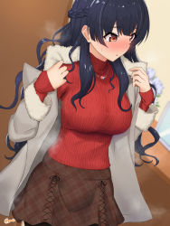 Rule 34 | 1girl, :o, black hair, black pantyhose, blush, braid, breasts, brown eyes, brown skirt, caruta, coat, commentary request, flower, fur-trimmed coat, fur-trimmed sleeves, fur trim, grey coat, highres, idolmaster, idolmaster shiny colors, indoors, jewelry, long hair, long sleeves, looking away, looking to the side, mayuzumi fuyuko, medium breasts, necklace, nose blush, open clothes, open coat, pantyhose, parted lips, plaid, plaid skirt, purple flower, red sweater, ribbed sweater, signature, skirt, sleeves past wrists, solo, standing, steam, sweater, very long hair