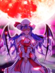 Rule 34 | 1girl, alternate breast size, alternate hair length, alternate hairstyle, bonnet, breasts, capelet, curiosities of lotus asia, hat, highres, large breasts, long hair, mob cap, moon, aged up, open mouth, purple hair, red eyes, red moon, remilia scarlet, touhou, wings, zephid