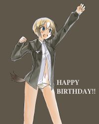 Rule 34 | 1girl, arms up, birthday, blonde hair, blue eyes, blush, bob cut, bottomless, brown hair, dog tail, erica hartmann, medal, military, military uniform, multicolored hair, navel, open clothes, open mouth, open shirt, panties, reaching, shirt, short hair, smile, solo, strike witches, tail, two-tone hair, underwear, uniform, world witches series, yahooo1