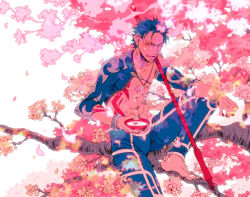 Rule 34 | 1boy, abs, alcohol, barefoot, blue hair, bodypaint, bracelet, charatei, cherry blossoms, crescent, crescent necklace, cu chulainn (fate), cu chulainn (fate/stay night), cup, detached sleeves, earrings, fang, fate/grand order, fate (series), gae bolg (fate), grin, in tree, jewelry, knee up, male focus, muscular, necklace, open mouth, pants, red eyes, sakazuki, sake, short hair, sitting, sitting in tree, skin tight, smile, solo, spiked hair, strap, topless male, tree, type-moon