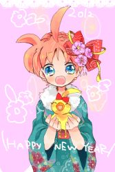 Rule 34 | 00s, 10s, 1girl, 2012, ahiru (duck) (princess tutu), ahiru (princess tutu), ahoge, alternate hairstyle, bad id, bad pixiv id, bird, blue eyes, bow, closed eyes, dual persona, duck, english text, flower, freckles, hair bow, hair flower, hair ornament, hair up, happy new year, holding, japanese clothes, nekoto rina, new year, no nose, open mouth, pink hair, ppppa, princess tutu, smile