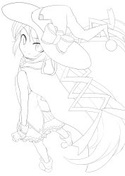 Rule 34 | 1girl, absurdres, bow, from above, greyscale, hat, hatsune miku, highres, kazenoko, lineart, long hair, looking back, monochrome, smile, solo, twintails, very long hair, vocaloid, witch hat
