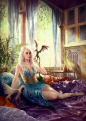 Rule 34 | 1girl, a song of ice and fire, anklet, barefoot, bird, breasts, cleavage, daenerys targaryen, dragon, dress, drogon, jewelry, long hair, peacock, pillow, realistic, rhaegal, shilesque, sitting, viserion, white hair
