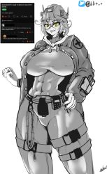 Rule 34 | 1girl, absurdres, breasts, goddess of victory: nikke, hair between eyes, highres, large breasts, liter (nikke), long sleeves, looking at viewer, muscular, muscular female, short hair, simple background, smile, the blitzz, white background