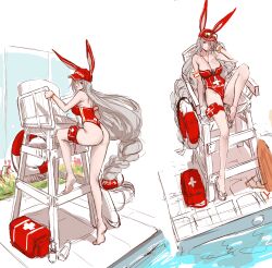 Rule 34 | 1girl, absurdres, animal ears, azur lane, back, breasts, cleavage, climbing, collarbone, dishwasher1910, eyewear on headwear, hair between eyes, hat, highres, large breasts, legs, lifeguard, long hair, multiple views, one-piece swimsuit, pouch, prinz heinrich (azur lane), prinz heinrich (rabbit on watch) (azur lane), rabbit ears, red eyes, red hat, red one-piece swimsuit, shaded face, sitting, sketch background, solo, standing, sunglasses, swimsuit, thigh pouch, thigh strap, thighs, unfinished, very long hair, white background, white hair