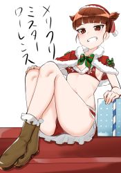 Rule 34 | 0:00, 1girl, bikini, blush, breasts, brown eyes, brown hair, capelet, christmas, christmas present, female focus, fur trim, gift, girls und panzer, grin, hat, highres, looking at viewer, micro bikini, microskirt, mikko (girls und panzer), navel, red bikini, santa bikini, santa hat, short hair, simple background, sitting, skirt, small breasts, smile, solo, swimsuit, twintails, white background