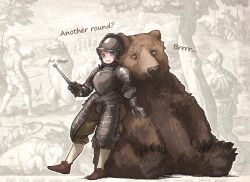 Rule 34 | animal, armor, bear, blue eyes, breastplate, dagger, english text, full armor, gauntlets, helm, helmet, highres, ironlily, knife, leaning on animal, original, pauldrons, plate armor, polearm, shoulder armor, soldier, tree, weapon