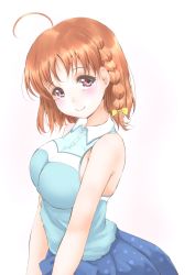 Rule 34 | 10s, 1girl, ahoge, bare arms, bare shoulders, blue shirt, blue skirt, blush, bow, braid, breasts, casual, collared shirt, frapowa, hair bow, large breasts, looking at viewer, love live!, love live! school idol festival, love live! sunshine!!, orange hair, pink eyes, print skirt, shirt, short hair, side braid, simple background, skirt, sleeveless, sleeveless shirt, solo, standing, takami chika, upper body, white background, wing collar, yellow bow
