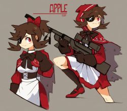 Rule 34 | 1girl, apple (sui (suizilla)), apron, bow, bowtie, brown bow, brown bowtie, brown gloves, brown hair, brown socks, cape, character name, closed mouth, dress, eyepatch, gloves, grey background, gun, hair bow, highres, holding, holding gun, holding weapon, hood, hood down, hooded cape, humanization, long sleeves, looking at viewer, multiple views, one eye covered, original, ponytail, red bow, red cape, red dress, red eyes, red footwear, rifle, shoes, short hair, signature, simple background, smile, sniper rifle, socks, sui (suizilla), waist apron, weapon, white apron