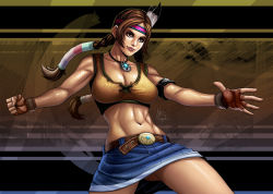 Rule 34 | 1girl, abs, armband, bracelet, braid, breasts, brown eyes, brown hair, cleavage, clenched hand, denim, denim skirt, exmile, feather hair ornament, feathers, fingerless gloves, gloves, hair ornament, hair tubes, headband, jewelry, julia chang, large breasts, lips, long hair, midriff, miniskirt, namco, native american, navel, nose, pencil skirt, skirt, smile, solo, tekken, toned, twin braids