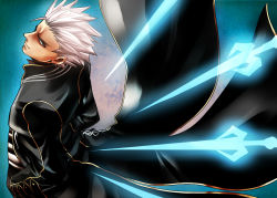 Rule 34 | 1boy, alternate color, back-to-back, blue eyes, capcom, coat, devil may cry (series), devil may cry 3, looking back, male focus, nagare, short hair, solo, summoned swords, sword, vergil (devil may cry), weapon, white hair