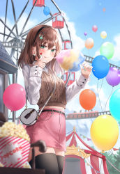 Rule 34 | 1girl, :p, bag, balloon, belt, black thighhighs, blurry, brown hair, brown sweater vest, circus tent, closed mouth, collared shirt, cotton candy, cowboy shot, crop top, day, depth of field, earrings, ferris wheel, food, green eyes, hair ornament, hairband, hand up, highres, holding, jewelry, lkeris, long hair, long sleeves, looking at viewer, midriff, miniskirt, original, outdoors, pencil skirt, pink skirt, popcorn, shirt, shoulder bag, skirt, smile, solo, standing, sweater vest, tent, thighhighs, thighs, tongue, tongue out, white shirt, x hair ornament, zettai ryouiki