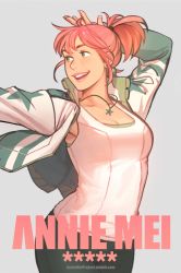 Rule 34 | 1girl, annie mei, annie mei project, breasts, caleb thomas, character name, cleavage, cowboy shot, earrings, green eyes, jacket, jewelry, letterman jacket, lips, lipstick, makeup, necklace, nose, pink hair, short ponytail, smile, solo