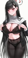 Rule 34 | 1girl, absurdres, black hair, blue archive, blush, breasts, bright pupils, cleavage, hair ornament, hairclip, halo, highres, large breasts, long hair, long sleeves, looking at viewer, nano (syoutamho), navel, red eyes, rio (blue archive), solo, sweater, white sweater