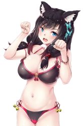 Rule 34 | 1girl, absurdres, animal ears, azur lane, bare shoulders, bikini, black bikini, black hair, blue eyes, blush, bracelet, breasts, cleavage, fang, fusou (azur lane), groin, hair ornament, highres, jewelry, kntrs (knyrs), large breasts, long hair, looking at viewer, navel, open mouth, paw pose, simple background, solo, swimsuit, white background
