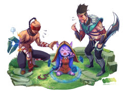 Rule 34 | 1girl, 2boys, alonsword, chan qi (fireworkhouse), closed eyes, crying, draven, flying sweatdrops, league of legends, lee sin, lulu (league of legends), multiple boys, simple background, smile, staff, tears, white background