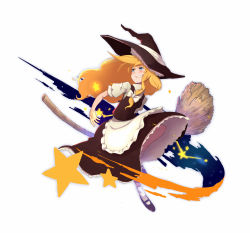 Rule 34 | 1girl, apron, blonde hair, blue eyes, bow, broom, daitai konna kanji, female focus, full body, grin, hair bow, hat, highres, kirisame marisa, long hair, looking up, mary janes, shoes, smile, solo, star (symbol), touhou, white background, witch hat