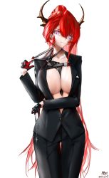 Rule 34 | 1girl, absurdres, alternate costume, arknights, black necktie, black suit, choker, closed mouth, cowboy shot, dated, formal, head tilt, hhy, highres, horns, jacket, long hair, long sleeves, looking at viewer, necktie, off shoulder, open clothes, open jacket, purple eyes, red hair, solo, suit, surtr (arknights), underwear, very long hair