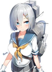 Rule 34 | 10s, 1girl, bad id, bad twitter id, blue eyes, blush, breasts, eyes visible through hair, gloves, grey skirt, hair between eyes, hair ornament, hair over one eye, hairclip, hamakaze (kancolle), highres, inactive account, kantai collection, large breasts, looking at viewer, orihi chihiro, pleated skirt, rigging, short hair, short sleeves, silver hair, simple background, skirt, smile, smokestack, solo, striped clothes, striped skirt, turret, twitter username, white background, white gloves