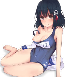 Rule 34 | 10s, 1girl, arm support, arms at sides, bad id, bad pixiv id, bare shoulders, black hair, blush, breasts, breasts out, brown eyes, cleavage, closed mouth, collarbone, covered navel, eyebrows, haguro (kancolle), hair between eyes, hair ornament, highres, kantai collection, kinryuu, large breasts, looking at viewer, name tag, nipples, one-piece swimsuit, one breast out, school swimsuit, school uniform, serafuku, short hair, simple background, sitting, solo, strap slip, swimsuit, white background, yokozuwari