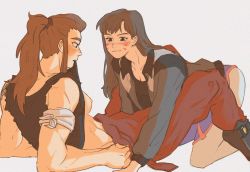 Rule 34 | 2girls, all fours, assertive female, bandaged arm, bandages, blush, bodysuit, breasts, brigitte (overwatch), brown hair, buba, clothes in mouth, clothes lift, commentary request, d.va (overwatch), downblouse, facial mark, freckles, girl on top, lifted by self, long hair, lying, medium breasts, mouth hold, multiple girls, muscular, muscular female, nipples, no bra, nose, nose blush, on back, overalls removed, overwatch, overwatch 1, pilot suit, ponytail, shirt in mouth, shirt lift, shoulder tattoo, sideboob, smile, tank top, tattoo, thick eyebrows, whisker markings, yuri