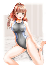 Rule 34 | 1girl, bare shoulders, breasts, brown eyes, brown hair, competition swimsuit, large breasts, long hair, mashinatsu, md5 mismatch, one-piece swimsuit, original, ponytail, reiji-sss, smile, solo, speedo (company), swimsuit, thighs