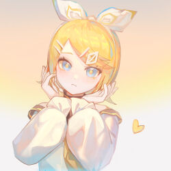 Rule 34 | 1girl, bare shoulders, blinklikeer, blonde hair, blue eyes, bow, bow hairband, closed mouth, gradient background, hair ornament, hairband, hairclip, hands on own cheeks, hands on own face, hands up, headset, heart, highres, kagamine rin, long sleeves, looking at viewer, off-shoulder shirt, off shoulder, puffy long sleeves, puffy sleeves, shirt, short hair, solo, upper body, vocaloid, white background, white bow, white hairband, white shirt, yellow background, yellow pupils