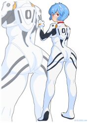 2girls ass ayanami_rei blue_hair blush bodysuit cameltoe celebelian hairpods hashtag-only_commentary highres looking_back mecha_pilot_suit multiple_girls neon_genesis_evangelion plugsuit red_eyes short_hair simple_background v white_background white_bodysuit