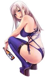 Rule 34 | 1girl, applekun, asahi breweries, ass, bare arms, bare shoulders, beer bottle, bikini, blue eyes, blush, boots, bottle, breasts, commentary request, fate/grand order, fate (series), fingernails, floral print, full body, glass bottle, hair down, high heel boots, high heels, highres, holding, lips, long hair, looking at viewer, medium breasts, miyamoto musashi (fate), miyamoto musashi (fate/grand order), miyamoto musashi (swimsuit berserker) (fate), miyamoto musashi (swimsuit berserker) (third ascension) (fate), o-ring, open mouth, pink hair, platform boots, platform footwear, see-through, simple background, squatting, swimsuit, thigh boots, thighhighs, thighs, wedge heels, white background