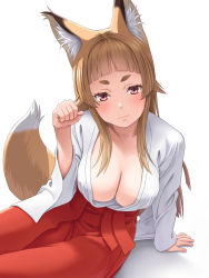 Rule 34 | 1girl, animal ear fluff, animal ears, arm support, blunt bangs, breasts, cleavage, closed mouth, commentary request, fox ears, fox tail, hakama, hakama skirt, highres, japanese clothes, kitsune, large breasts, looking at viewer, meow (nekodenki), miko, original, red eyes, red hakama, red skirt, simple background, sitting, skirt, smile, solo, tail, thick eyebrows, white background