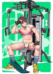 Rule 34 | 1boy, black gloves, blue socks, border, brown hair, bulge, exercising, fingerless gloves, gloves, green background, green pants, gym, hand on own forehead, highres, male focus, male underwear, maorenc, multicolored male underwear, muscular, muscular male, nipples, original, pants, pectorals, pout, shoes, short hair, sitting, socks, solo, underwear, white border, white male underwear, yellow footwear, yellow male underwear