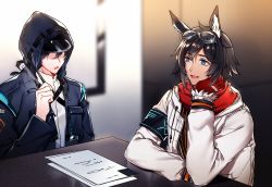 Rule 34 | 2boys, animal ears, arknights, armband, black hair, black jacket, blue eyes, blurry, blurry background, courier (arknights), doctor (arknights), elbows on table, gloves, goggles, hand up, hood, hooded jacket, indoors, jacket, long sleeves, male doctor (arknights), male focus, mibu (1064493753), multiple boys, paper, pocket, red gloves, red scarf, scarf, sitting, smile, table, visor, white jacket